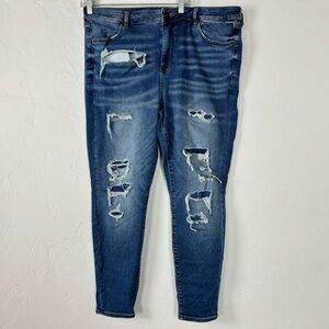 AE American Eagle Jeans Denim Hi Rise Jegging Solid Blue Dark Wash Ripped Cotton